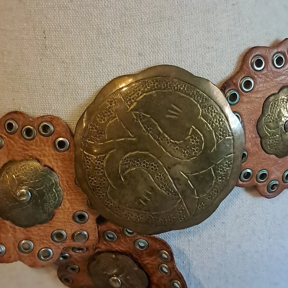 Brown Leather Western Concho Belt with Brass Medallions - Picture 2 of 8